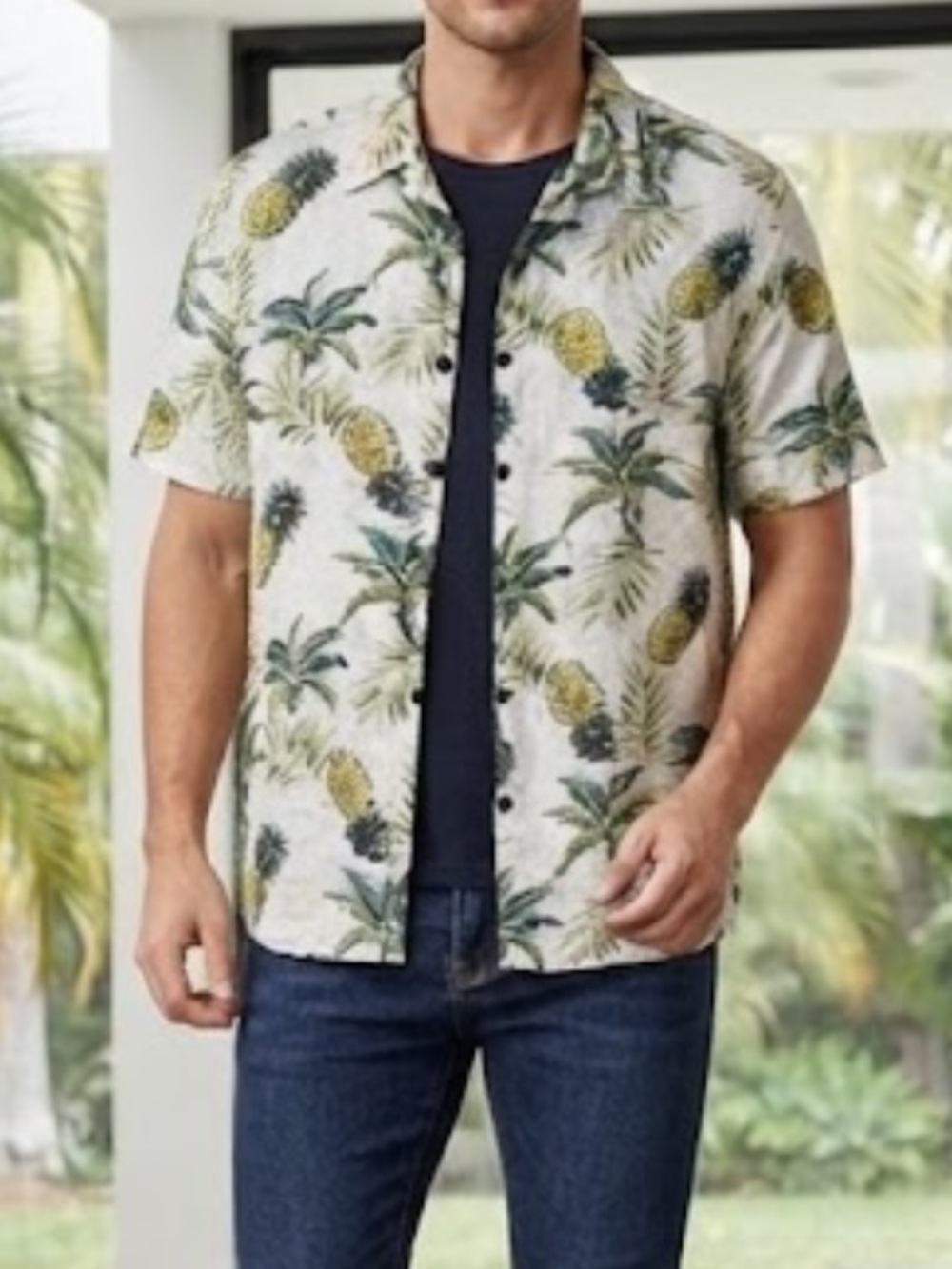 JOGAL Pineapple Novelty Print Camp Collar Button Down Hawaiian Shirt Large